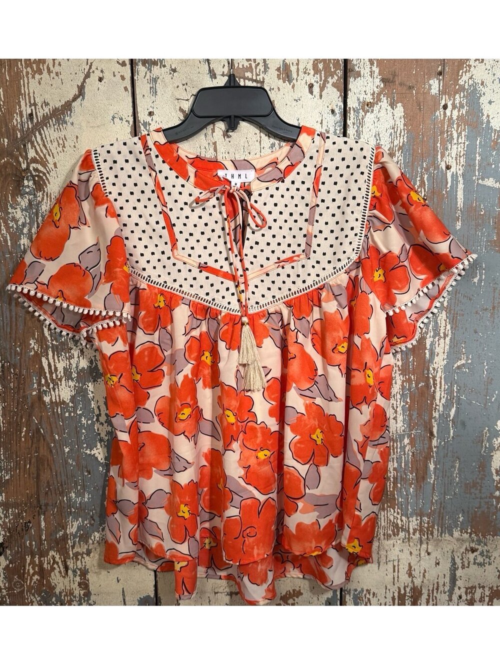 NWT THML boho orange floral print peasant blouse Women's size Medium